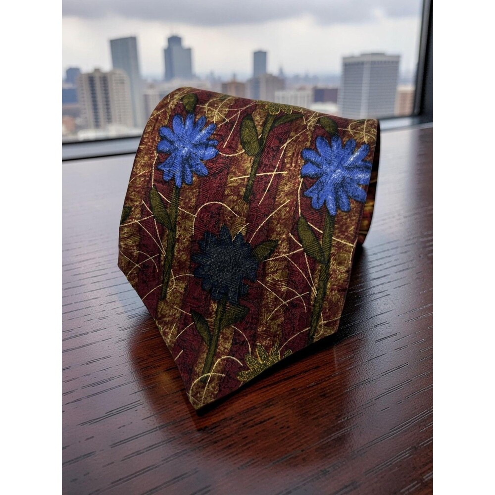 Ermenegildo Zegna Tie Floral Burgundy Blue Yellow Silk Made in Italy 59" x 3.75"